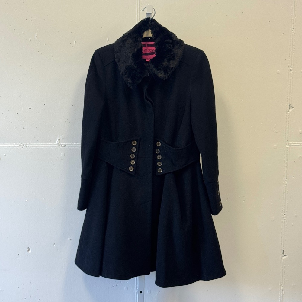 Rare Betsey Johnson Y2K 2010s Wool Blend Faux Fur Collar Corset Waist Coat Sz 8